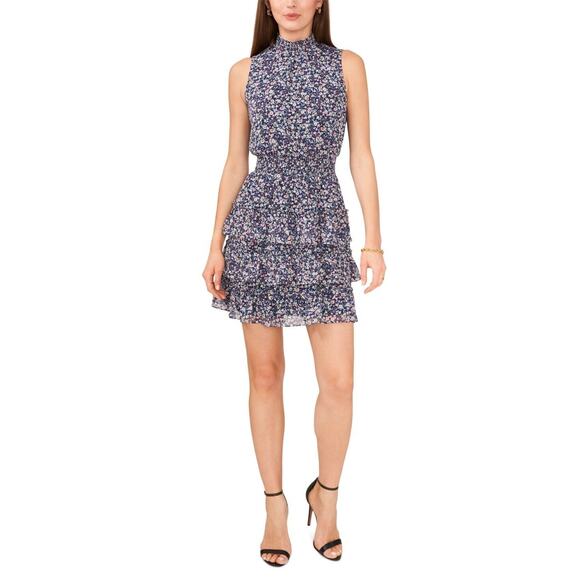 MSK Women's Petite Sleeveless Tiered Fit & Flare Dress, Navy/Peach/Teal Size MP - Picture 1 of 1